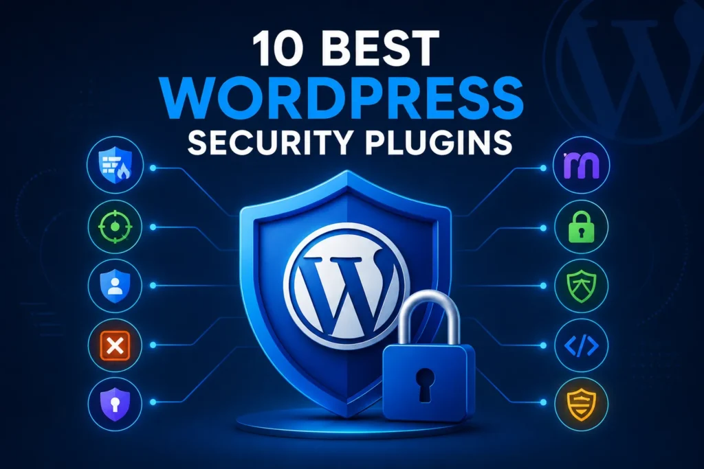 WordPress security plugins illustration showing website protection, malware defense, and security tools