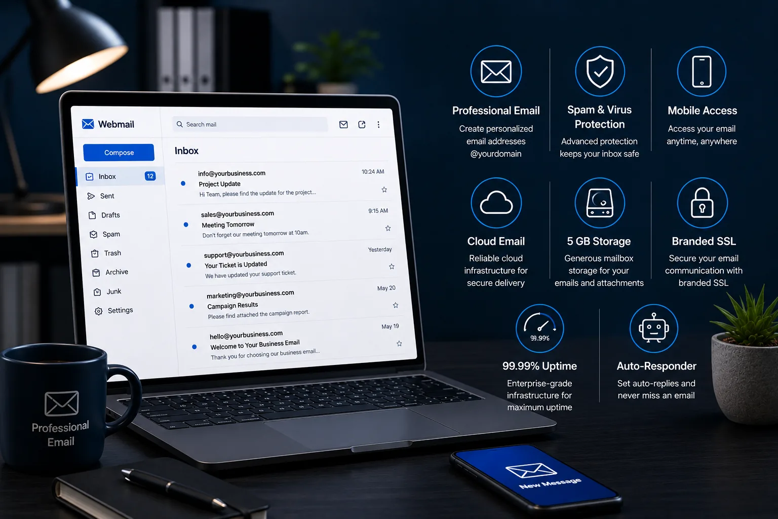 Business Email Hosting interface showing secure webmail, spam and virus protection, mobile access, cloud email, mailbox storage, and secure email features.