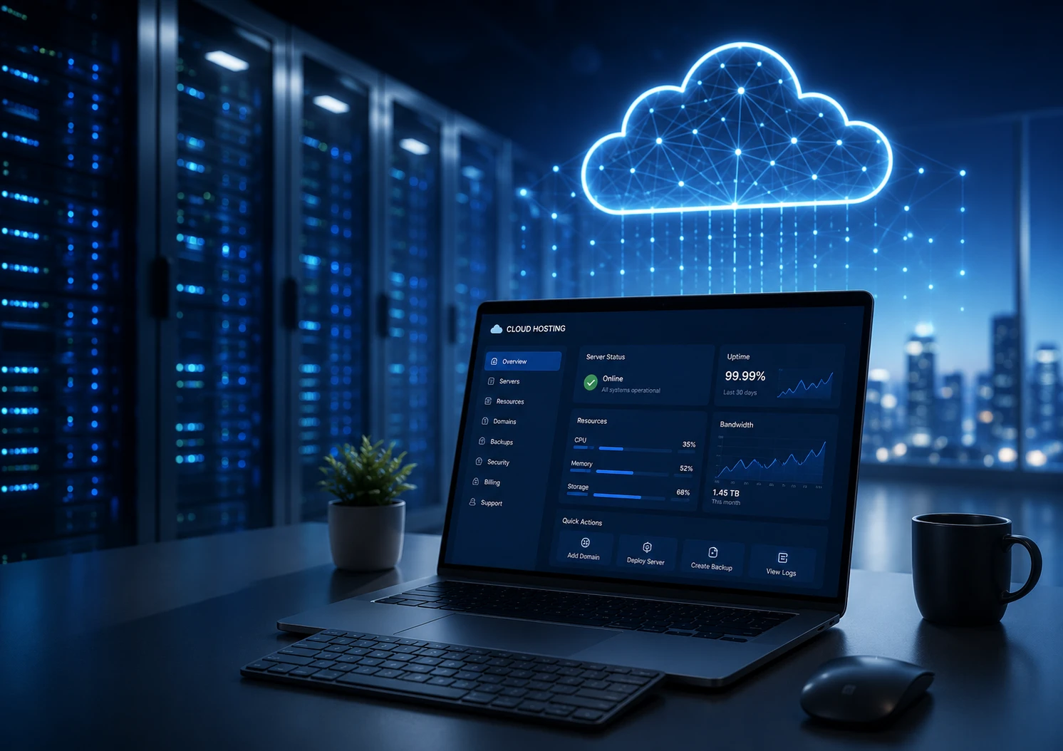 Cloud hosting dashboard displayed on a laptop in a modern data center with cloud network infrastructure and enterprise servers