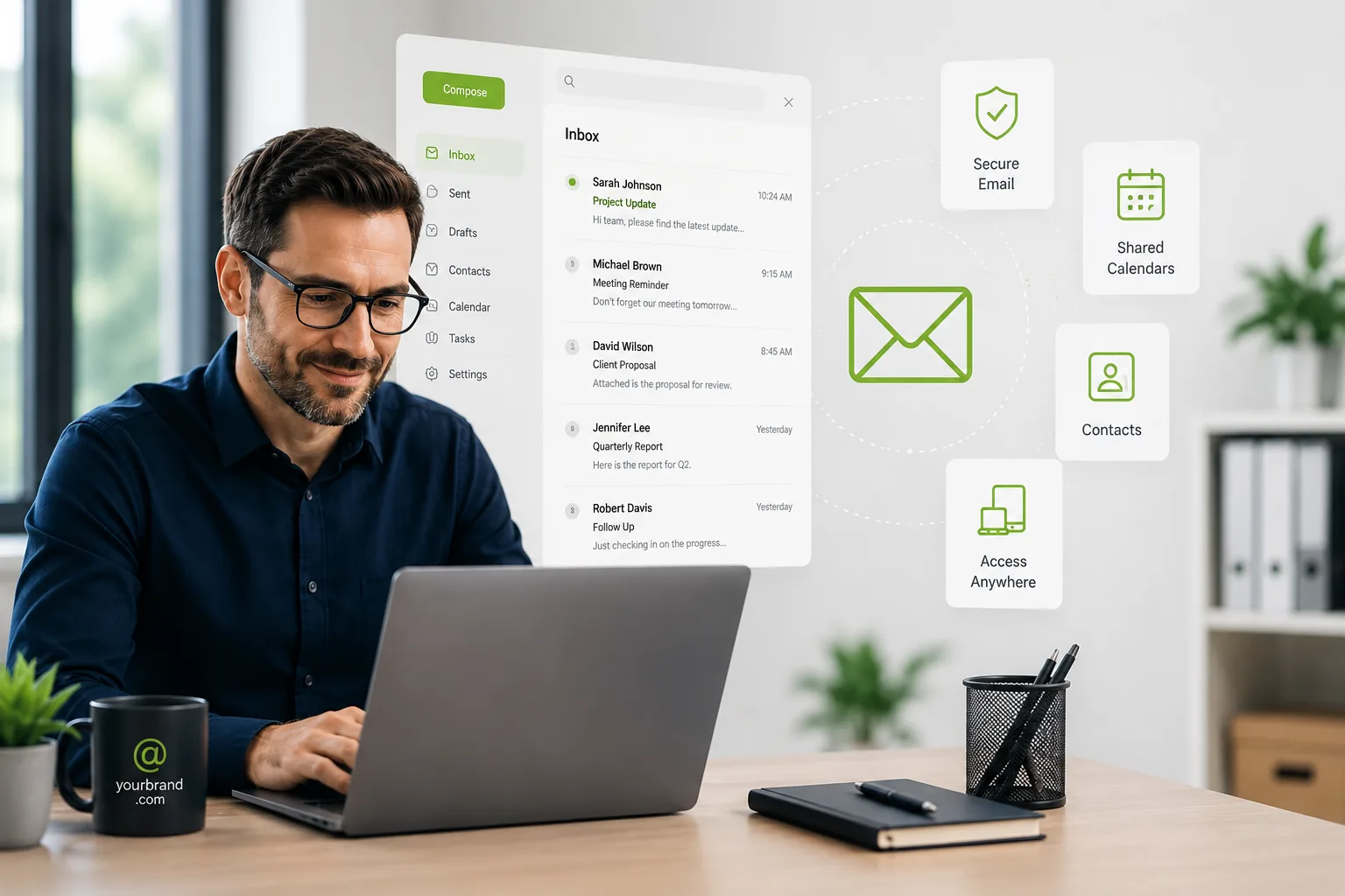 Professional using Enterprise Email Hosting with secure business email, shared calendars, contacts, and collaboration tools on a laptop.