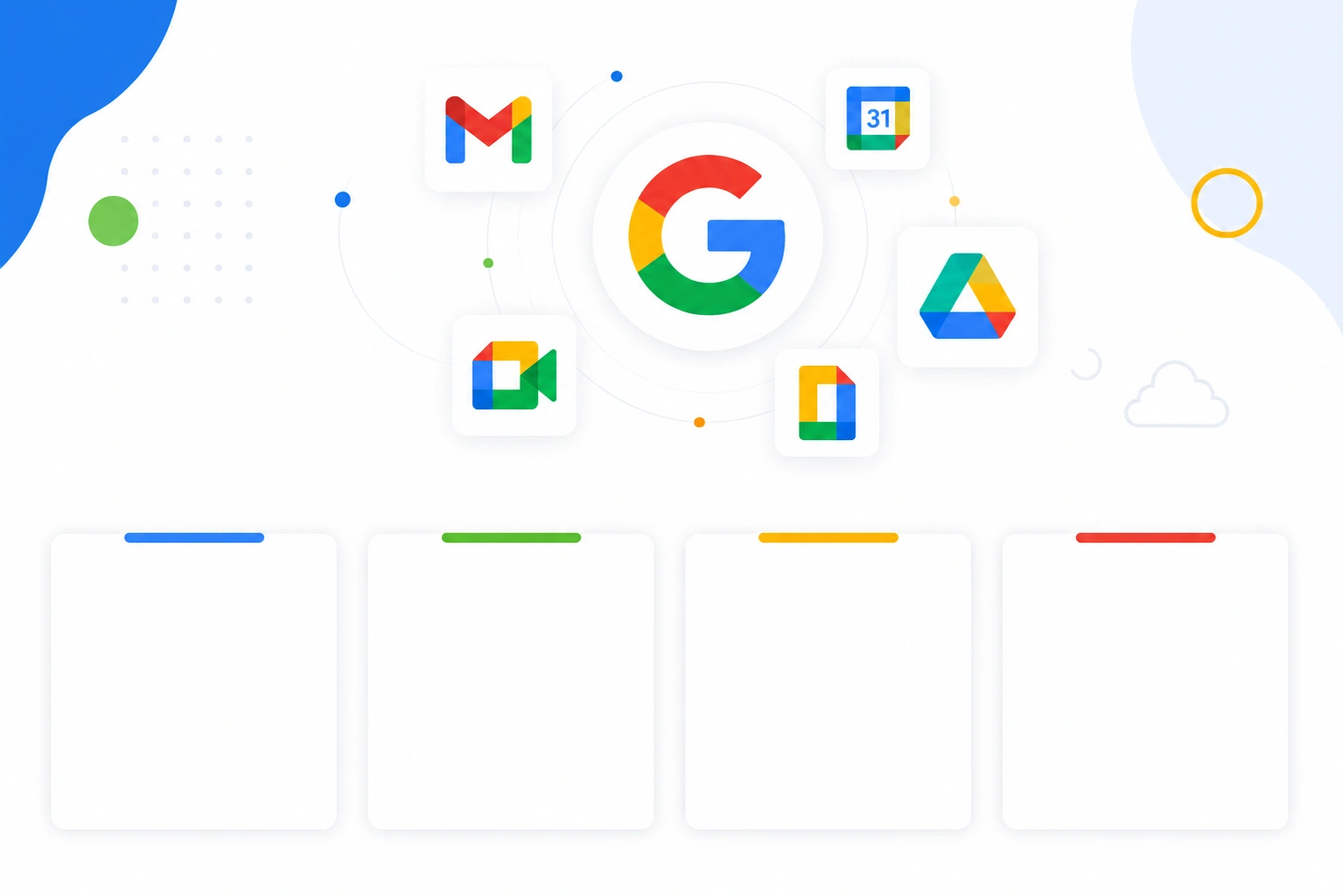 Google Workspace apps including Gmail, Drive, Meet, Docs, and Calendar connected in a collaborative cloud workspace environment.