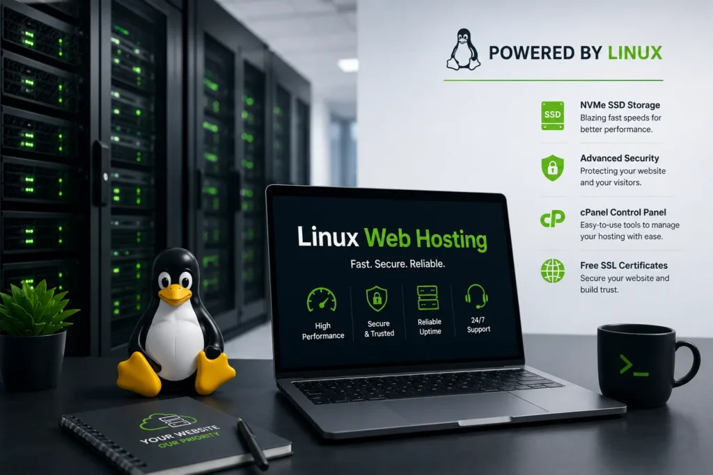 Linux web hosting workspace with server racks, cPanel management, NVMe SSD storage, and secure hosting infrastructure.