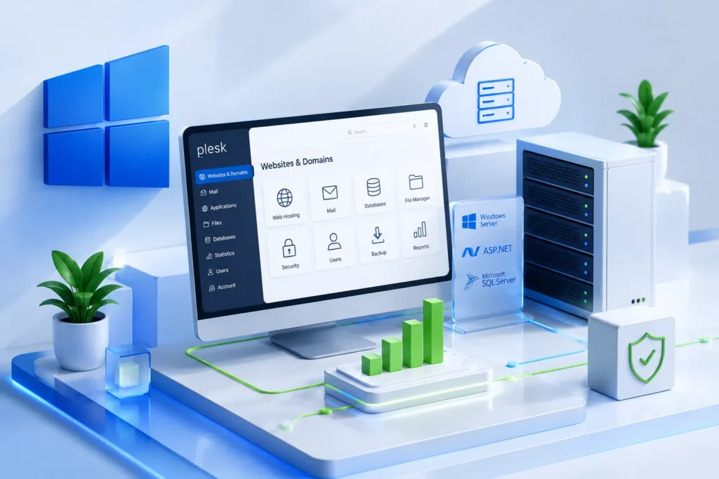 Modern Windows reseller hosting platform featuring Plesk, Windows Server infrastructure, cloud hosting, and secure business management tools.