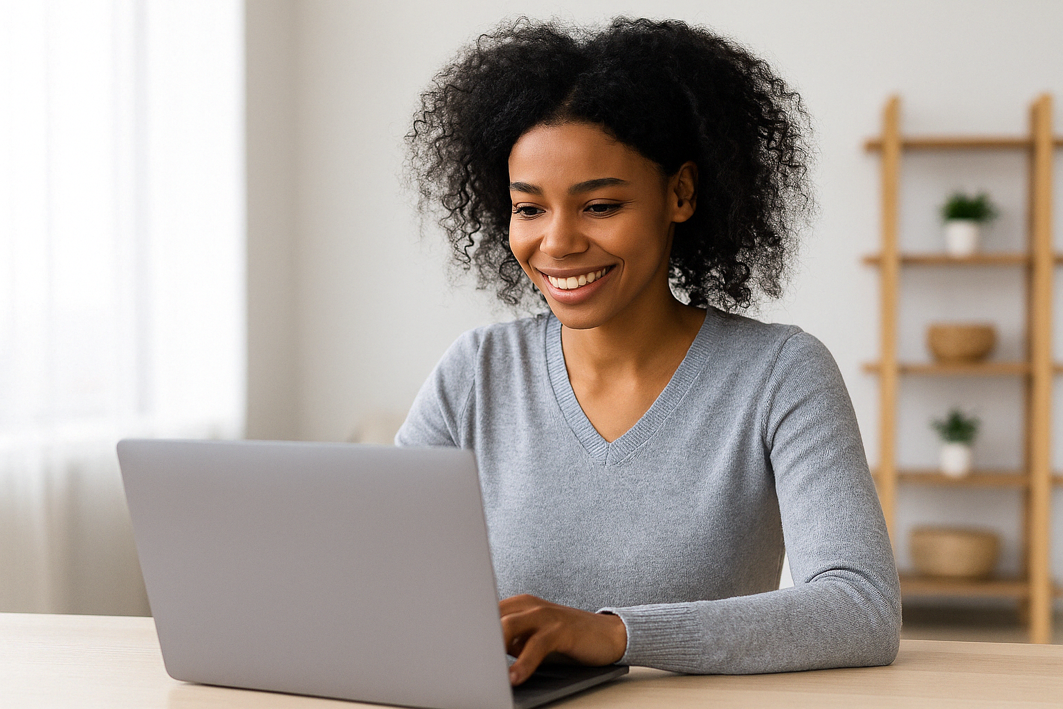 Smiling woman using a laptop at home to build a site with a Website Builder