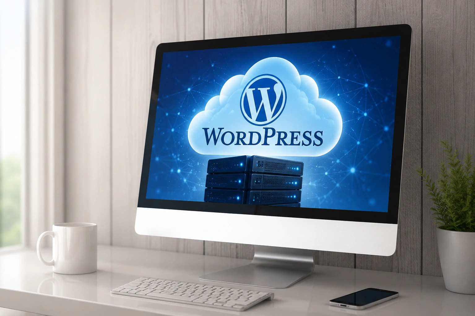 Desktop computer displaying WordPress hosting infrastructure with cloud technology and server network graphics.