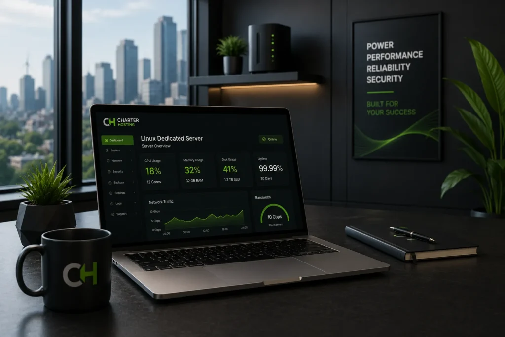 Modern workspace with a laptop displaying a Linux dedicated server management dashboard, highlighting enterprise hosting performance and reliability.