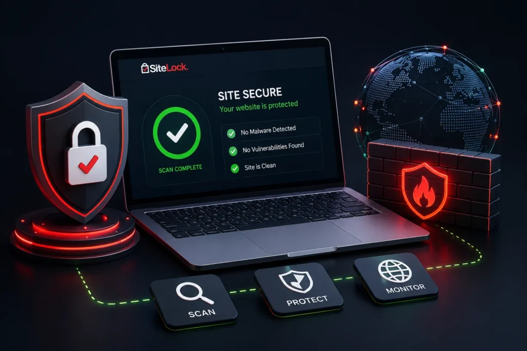 Illustration of a laptop displaying a website security dashboard with malware scanning, firewall protection, and website monitoring features representing SiteLock website security.