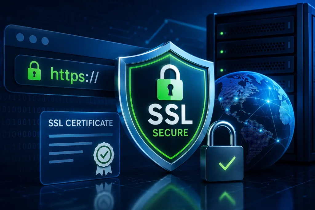 SSL certificate shield with HTTPS encryption, secure servers, and cybersecurity technology.