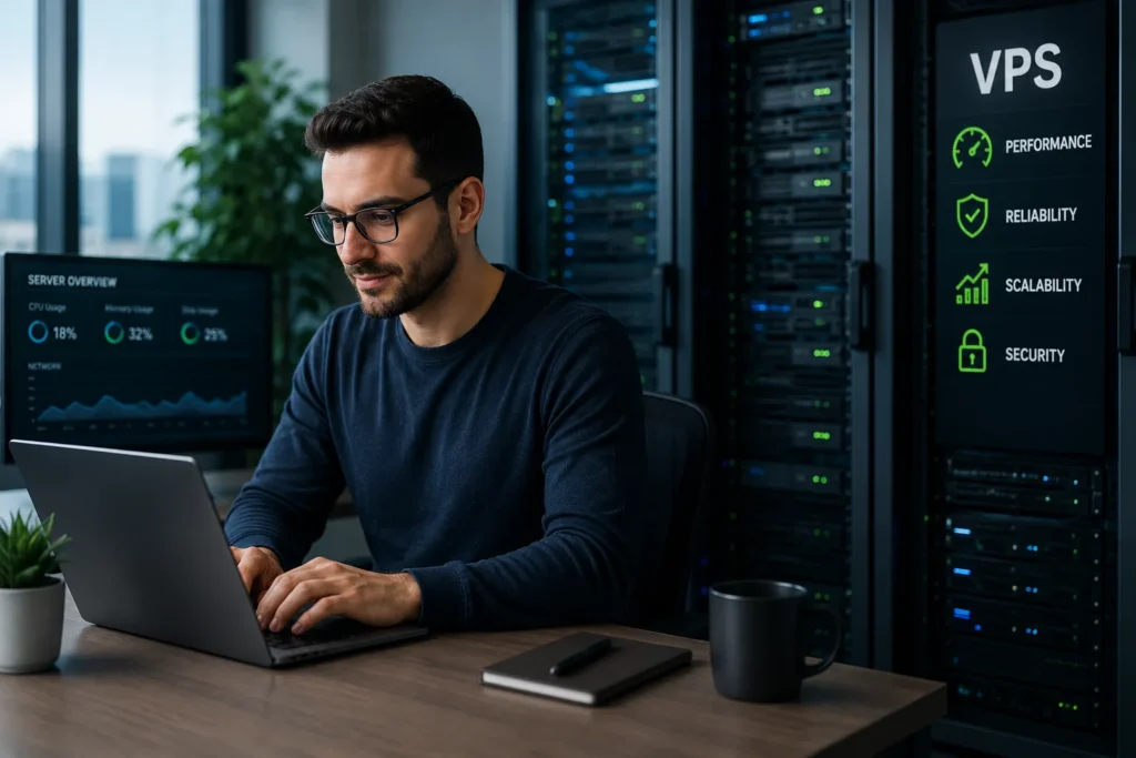 Professional managing a Virtual Private Server with enterprise server infrastructure, dedicated resources, and high-performance VPS hosting.